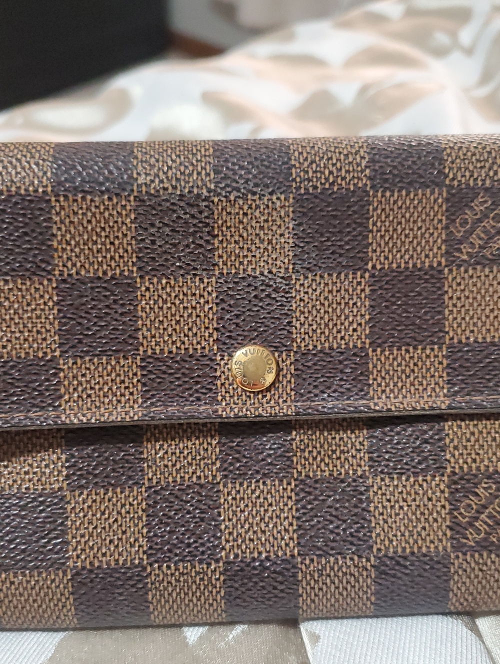 Louis Vuitton Damier Ebene Checkerboard Brown Wallet with Gold Snap